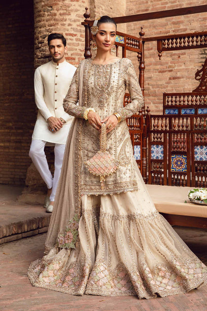 Pakistani Nikkah Dress in Kameez and Gharara Style – Nameera by Farooq