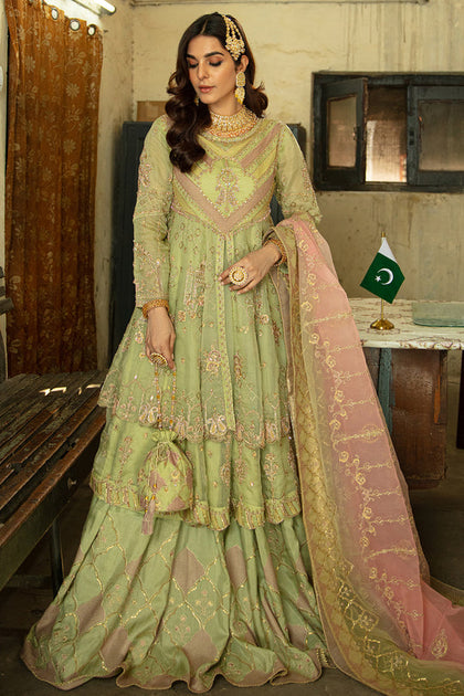 Pistachio Pakistani Wedding Dress in Lehenga Frock Style – Nameera by Farooq