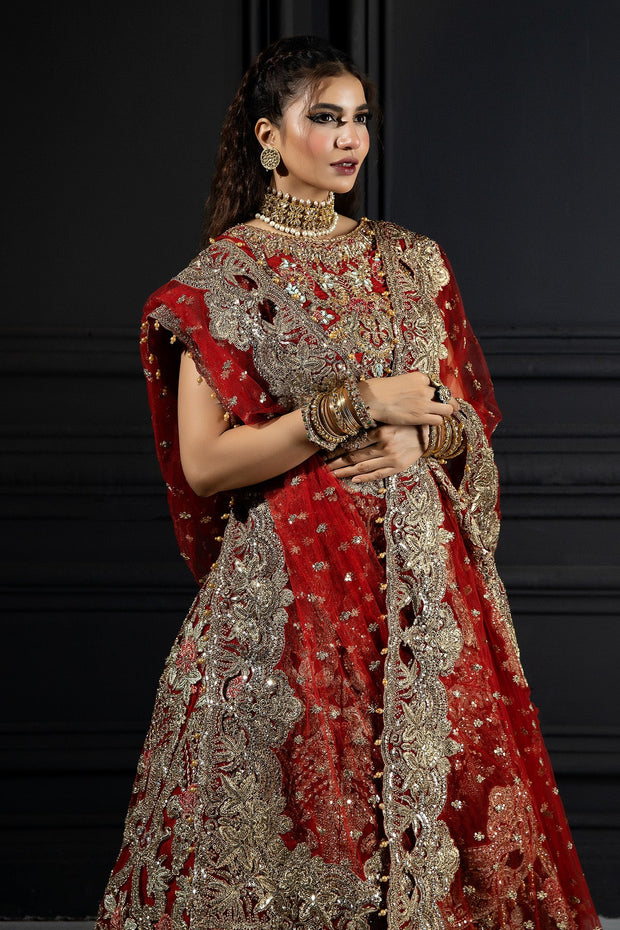 Red Pakistani Bridal Dress in Gown Dupatta Style USA