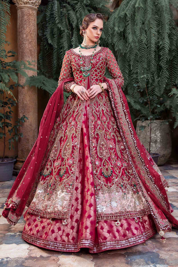 Red Pakistani Bridal Outfit in Gown Lehenga Style