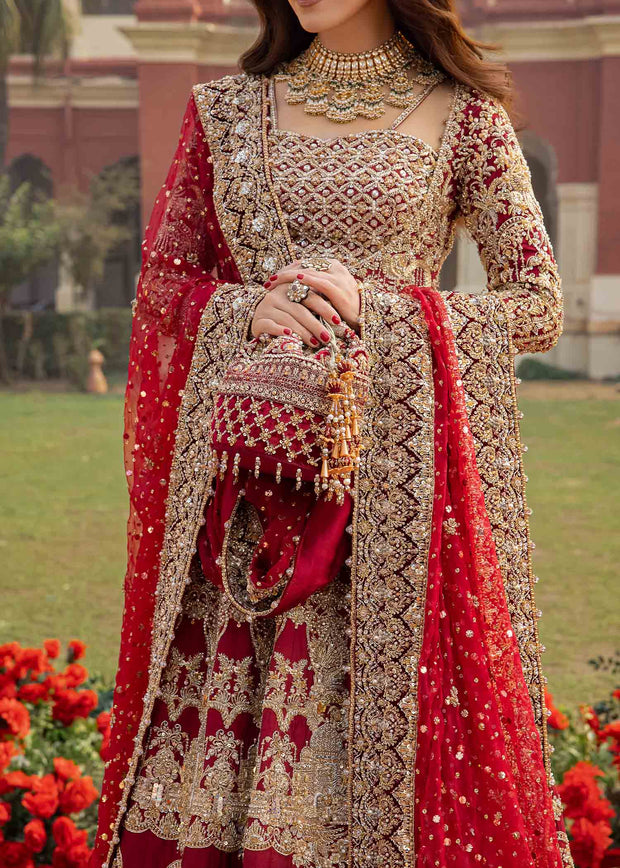 Red Pakistani Bridal Outfit in Pishwas Frock and Lehenga Style