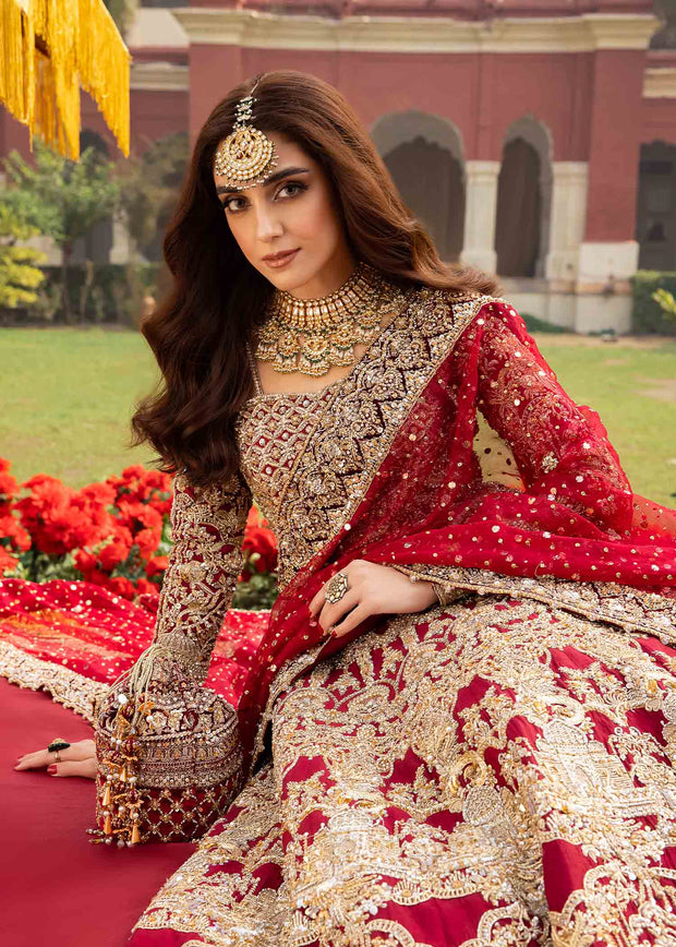 Red Pakistani Bridal Outfit in Pishwas Lehenga Style