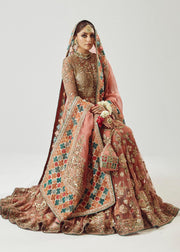 Rose Gold Pakistani Bridal Dress in Pishwas Frock Sharara Style
