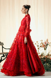 Royal Deep Red Net Embellished Pakistani Wedding Dress Pishwas Frock 2023