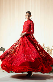 Royal Deep Red Net Embellished Pakistani Wedding Dress Pishwas Frock