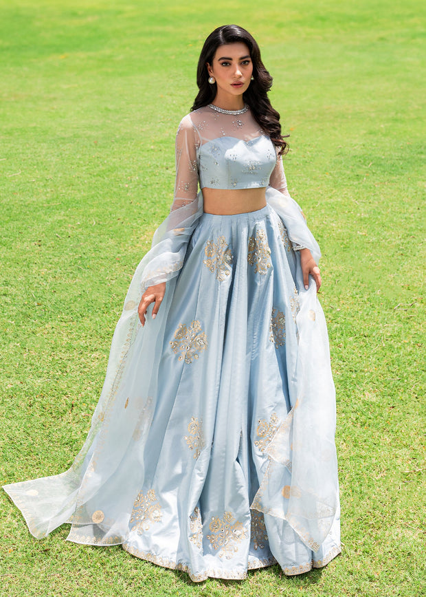 Royal Indian Wedding Dress in Silk Blue Lehenga Choli Style