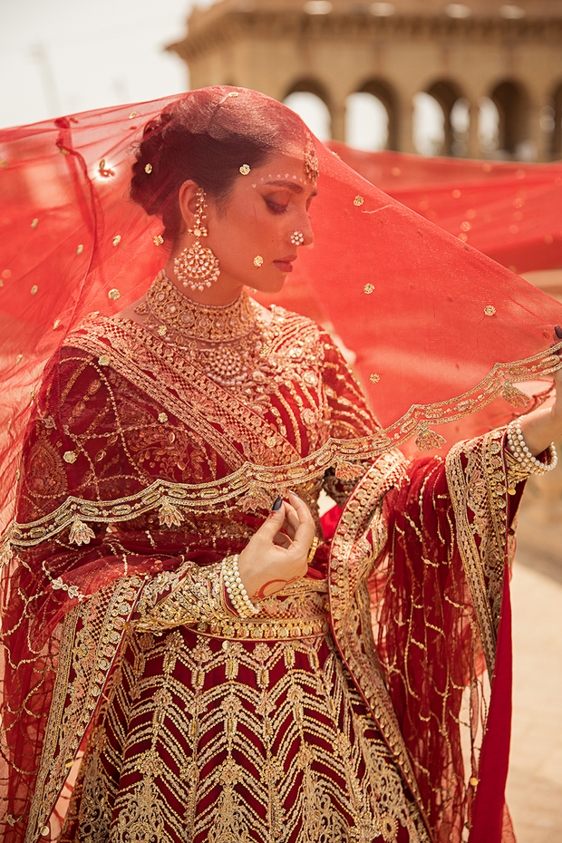 Royal Pakistani Bridal Dress in Red Lehenga Choli and Dupatta Style