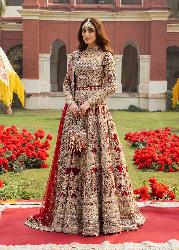 Royal Red Pakistani Bridal Outfit in Pishwas Lehenga Style