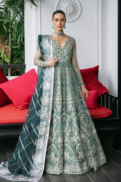 Sea Green Pakistani Wedding Dress in Kalidar Pishwas Style – Nameera by Farooq
