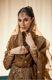 Shop Golden Embroidered Pakistani Wedding Dress Angrakha Frock Sharara