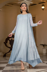 Shop Grayish Shade Embroidered Pakistani Party Wear Frock Style Dress in USA