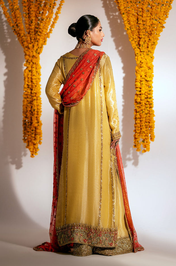 Yellow Mehndi Dress in Kameez Trouser and Dupatta Style