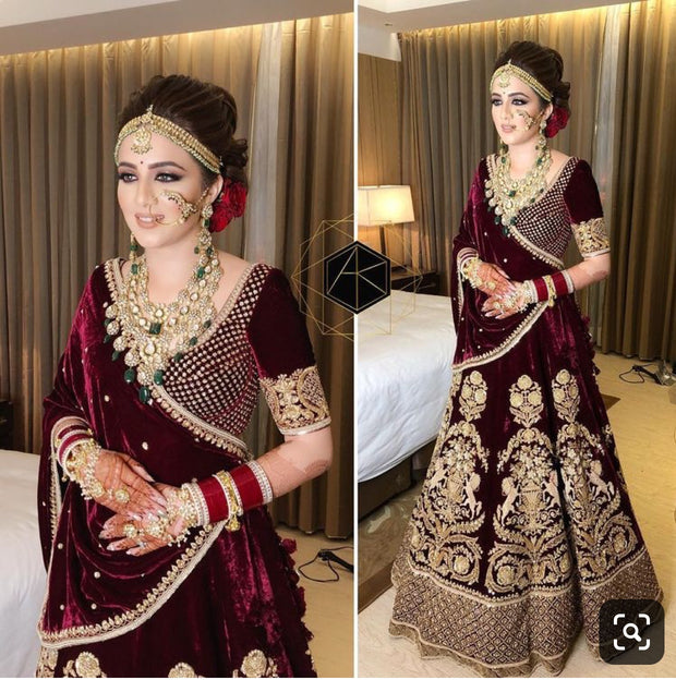 Indian Classy Bridal Dress In Deep Maroon Color.Stylish Deep Maroon Bridal Dress Embalished With Zardozi,Dabka,Nagh,Tilla,And Sequance Work.