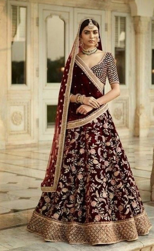 Traditional Ghaghra Choli In Maroon Color.Work Embellished With Dabka,Zari,Threads And Sequance Work.
