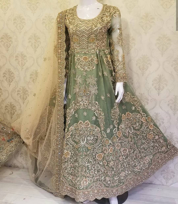 Walima Dulhan Suit In Mint Green Color.Work Embalished With Dabka,Zari,Nagh,Threads And Zardozi Work.