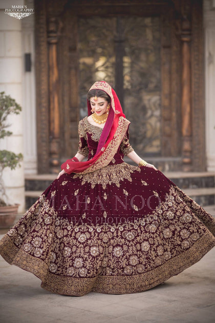 Bridal Reception Lahnga In Dark Maroon Color Model# B 1825