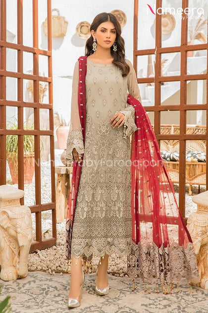 Asim Jofa Pakistani Long Dress in Skin Color Online 2021 – Nameera by Farooq