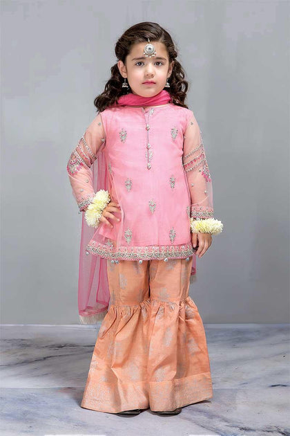 Baby Pink color Chiffon Pamplam Jamawar Gharara Dress for Kids