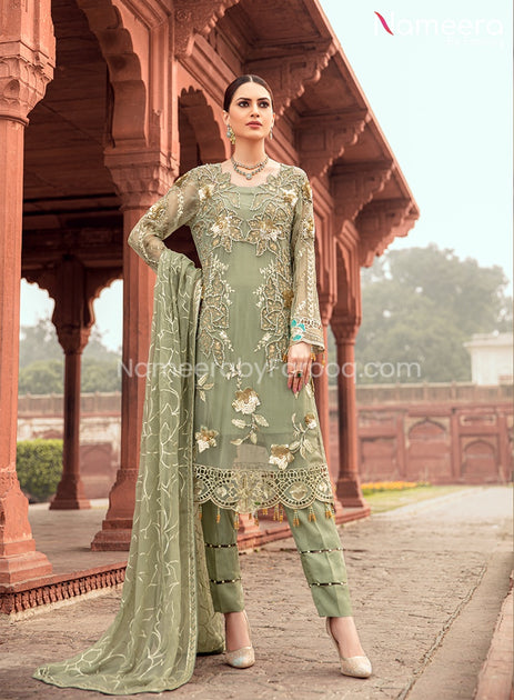 Baroque Embroidered Chiffon Dress in Pista Shade Online 2021 Nameera by Farooq Baroque Embroidered Chiffon Dress in Pista Shade Online 2021 Nameera by Farooq