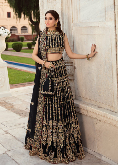 Crop Top Black And Gold Indian Wedding Dress Black Banarsi Skirt