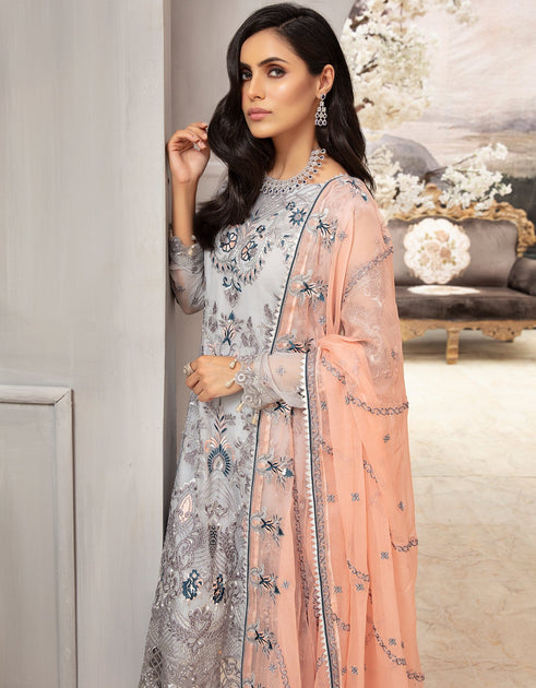 Buy Pakistani Steel Grey Chiffon Dress With Peach Color – Nameera by Farooq
