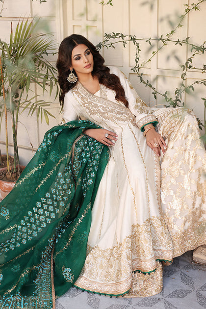 green and white dress pakistani Cotton Net White Green Angrakha Pakistani Wedding Dresses MEDIUM