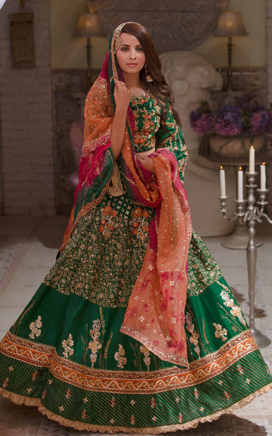 Embroidered Mehndi Dress in Dark Green Lehenga Choli Style