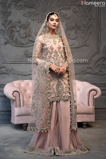 Designer Bridal Pink Sharara Suits With Kameez in Net Raw Silk – Nameera by  Farooq