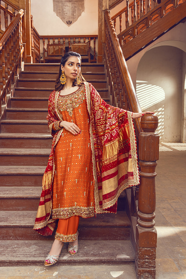 Designer Orange Kameez Salwar Pakistani Mehndi Dress