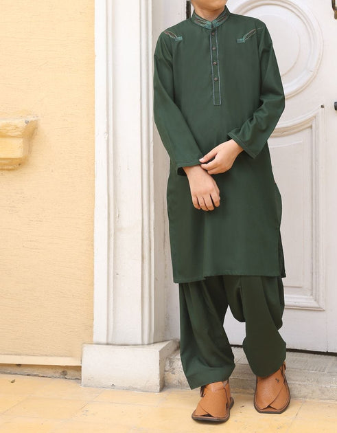 Designer boy dress in flag green color for casual wear – Nameera