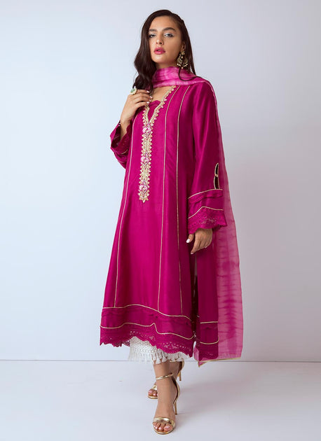 Designer cotton net dresses thread and pearl embroidered Nameera by Farooq