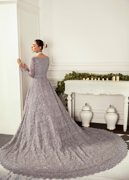 grey indian wedding dress Latest Designer Embroidered Gown – Nameera by Farooq grey bride and groom