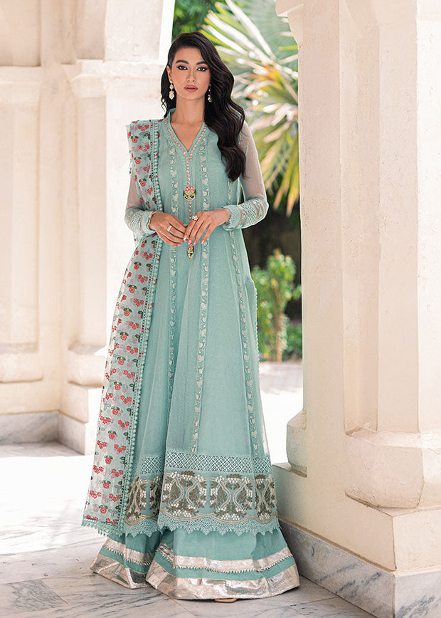 Elegant Pakistani Blue Net Organza Kameez Sharara Suit