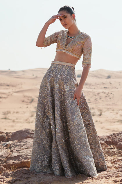Grey Pink Silk Embroidered Bridal Wear Lehenga Choli