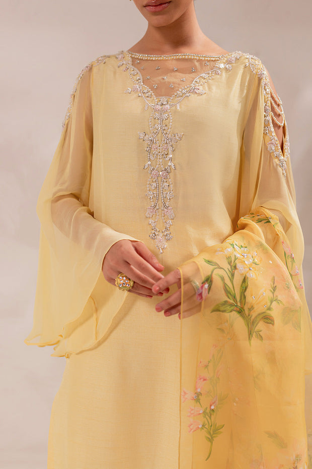 Embellished Raw Silk Pakistani Eid Dress in Yellow Color