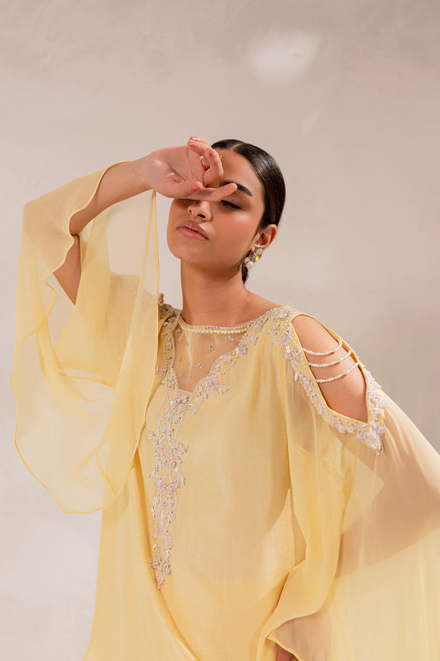Embellished Raw Silk Pakistani Eid Dress in Yellow Online