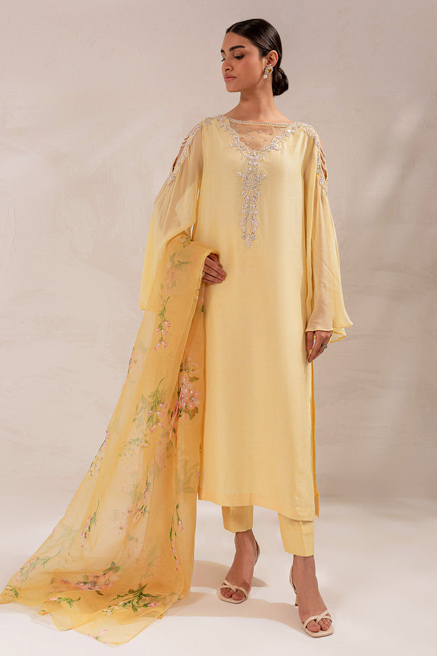 Embellished Raw Silk Pakistani Eid Dress in Yellow