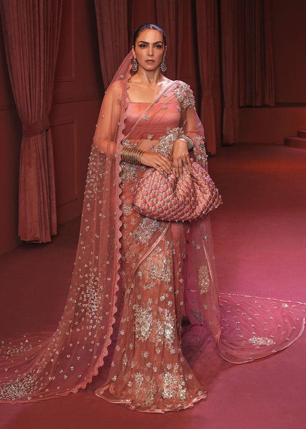 Embellished Rose Gold Saree Dress in Premium Net Fabric Online