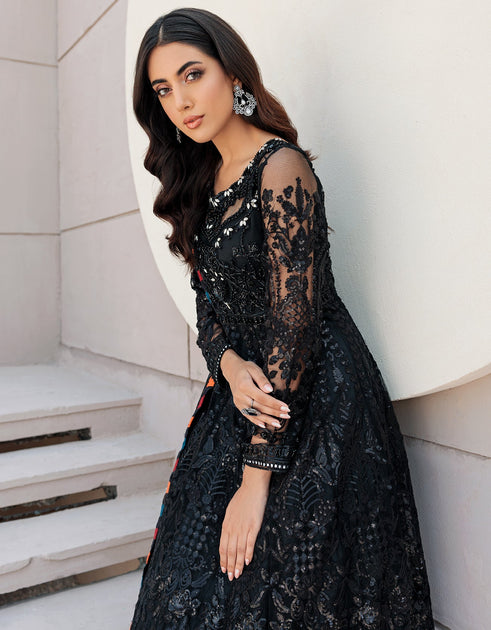 Premium Embroidered with Handwork Black Organza Party Frock for Pakistani Events (DZ18424)