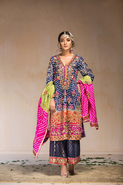 Embroidered Chunri Suit for Mehndi Party in Blue Color Nameera by Farooq