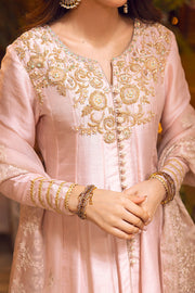 Embroidered Pink Silk Long Frock Dupatta Pakistani Party Dress