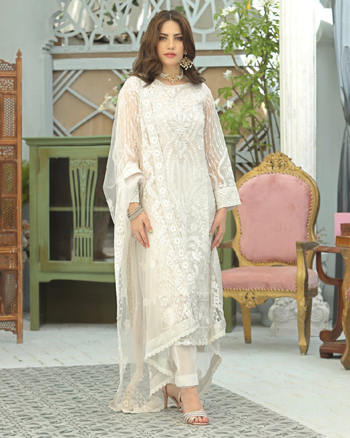 Shalwar Kameez White Dress Design For Ladies Embroidered White