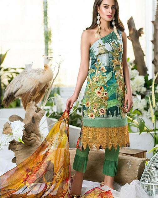 Fresh Bottel Green and Mustered color Lawn dress by Asifa Nabeel Small