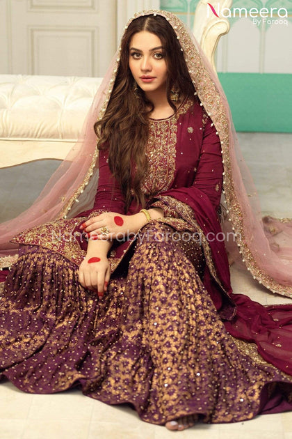 Latest Maroon Banarsi Gharara with Kameez Dress Online 2021