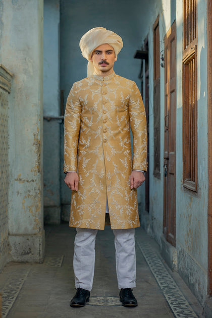 Golden Pakistani Sherwani for Dulha Designer Dress for Wedding