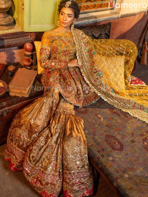 Heavily Embroidered Designer Golden Sharara for Mehendi  Nameera by Farooq