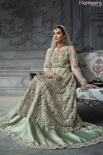 Designer Heavy Sea Green Walima Dress for Bridal Wear in Chiffon LARGE Designer Heavy Sea Green Walima Dress for Bridal Wear in Chiffon LARGE