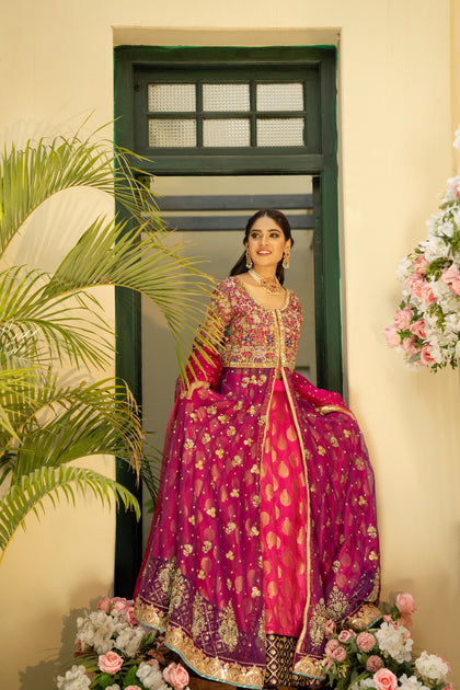 Hot Pink Lehenga and Open Frock Pakistani Bridal Dress Online – Nameera by  Farooq