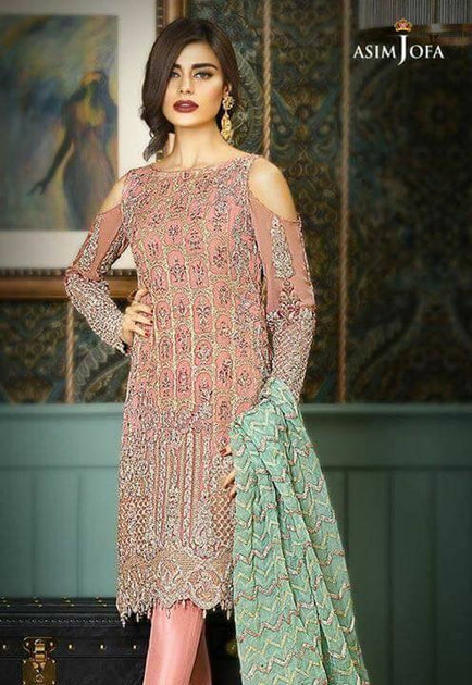 Beautiful Chiffon Dress by Asim Jofa in Tea Pink and Mint Green Color  Model# C 858  Nameera by Farooq