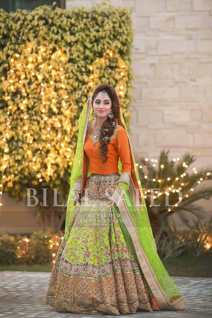 slim fit dress slacks Maryum N Maria Orange Green – Pakistani Designer Dresses main image 0